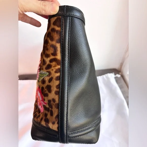 NWT Brighton Leopard Lex Tote Uptown Spots Black Leather Embroidered Flowers - Picture 4 of 15